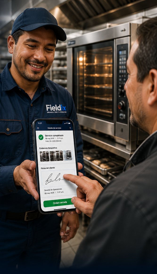 Técnico de Fieldix mostrando la firma digital de conformidad y evidencia fotográfica del servicio en la app móvil