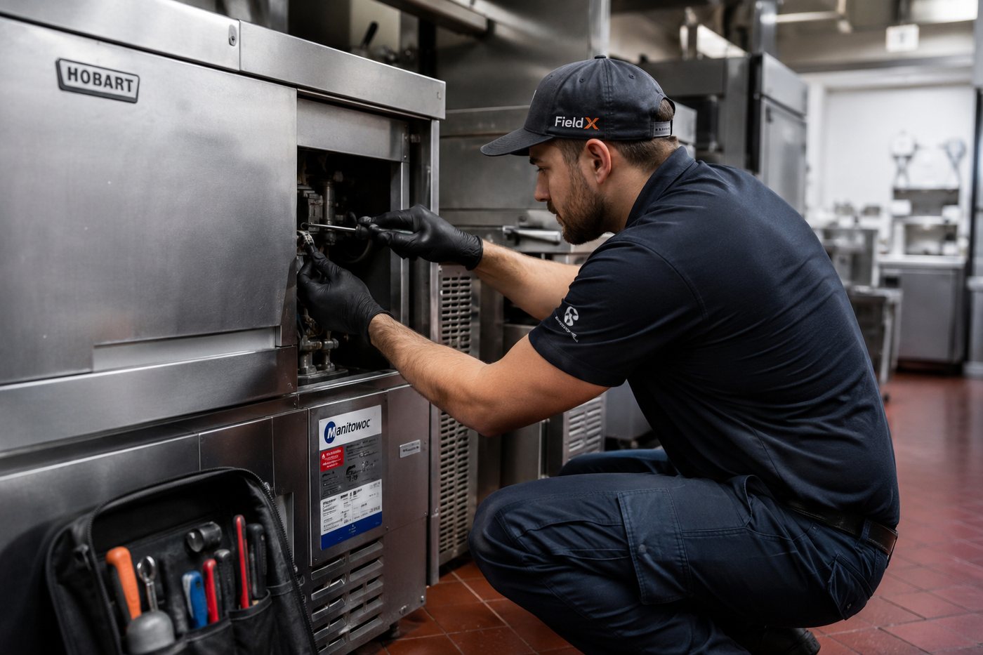 Técnico de Fieldix dando servicio a un equipo de refrigeración comercial de cocina industrial
