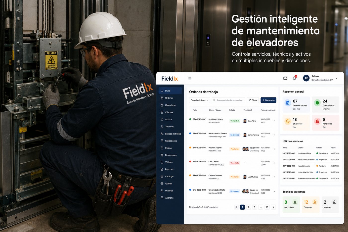 Técnico dando mantenimiento a un elevador, con el panel administrativo de Fieldix mostrando órdenes de trabajo