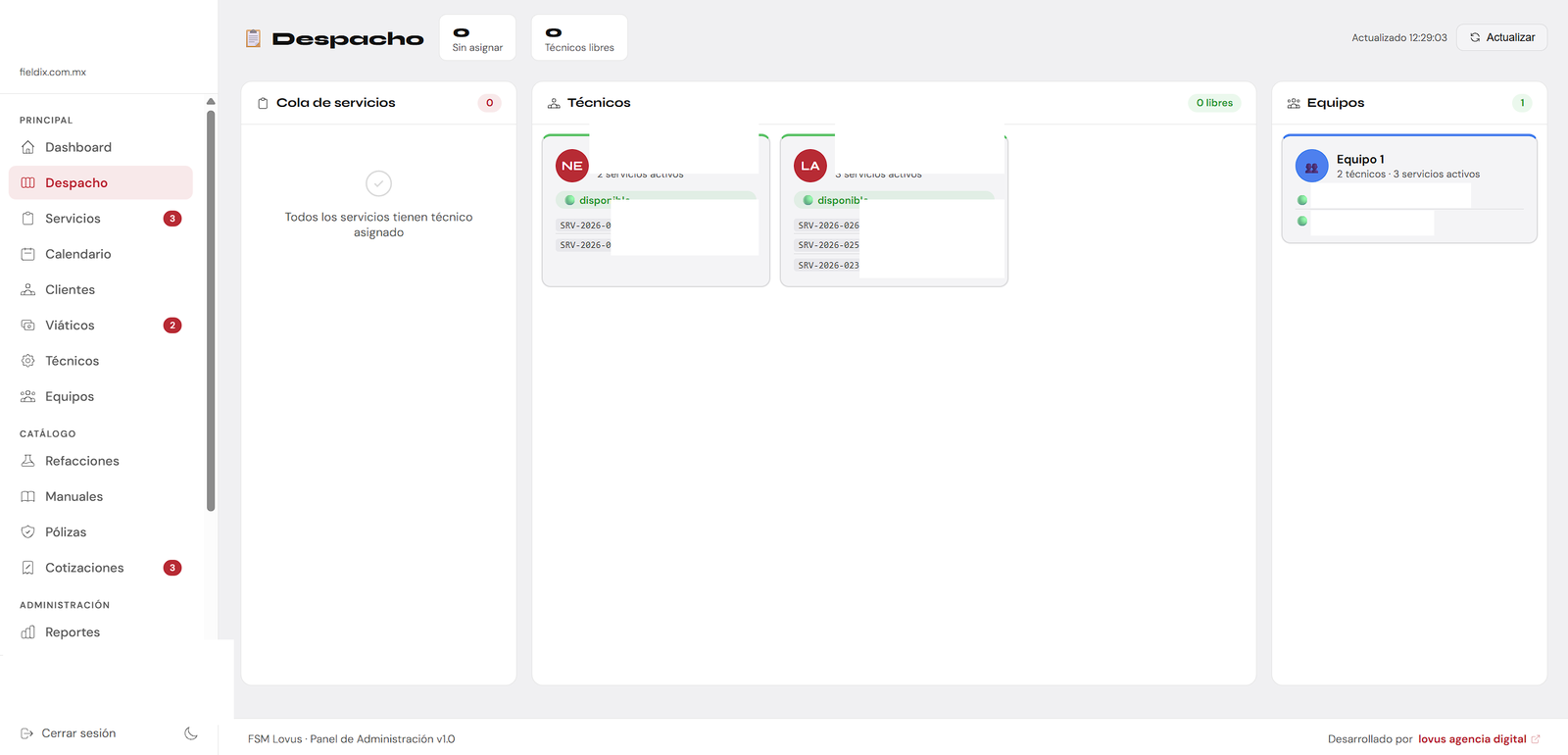 Tablero de despacho en tiempo real de Fieldix mostrando técnicos y servicios asignados